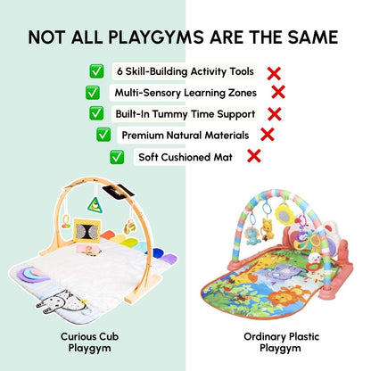 Curious Cub Baby Play Gym-Playmat, Newborn Baby Toy Gift, Baby Activity Gym, Wooden Playgym for Babies, 3 Wooden Baby Mobile Rattles, Sensory Mat, Wooden Play Gym, Hanging Toys, Baby Mirror
