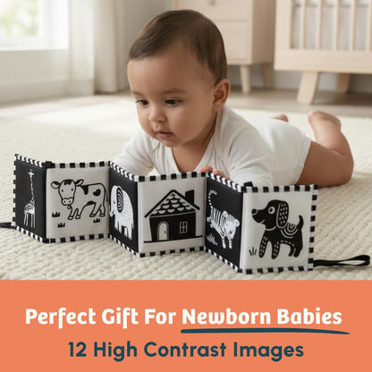 Curious Cub High Contrast Cloth Book for Babies, Tummy Time 0-6 Months Black & white sensory book, newborn visual stimulation, boy girl baby gift