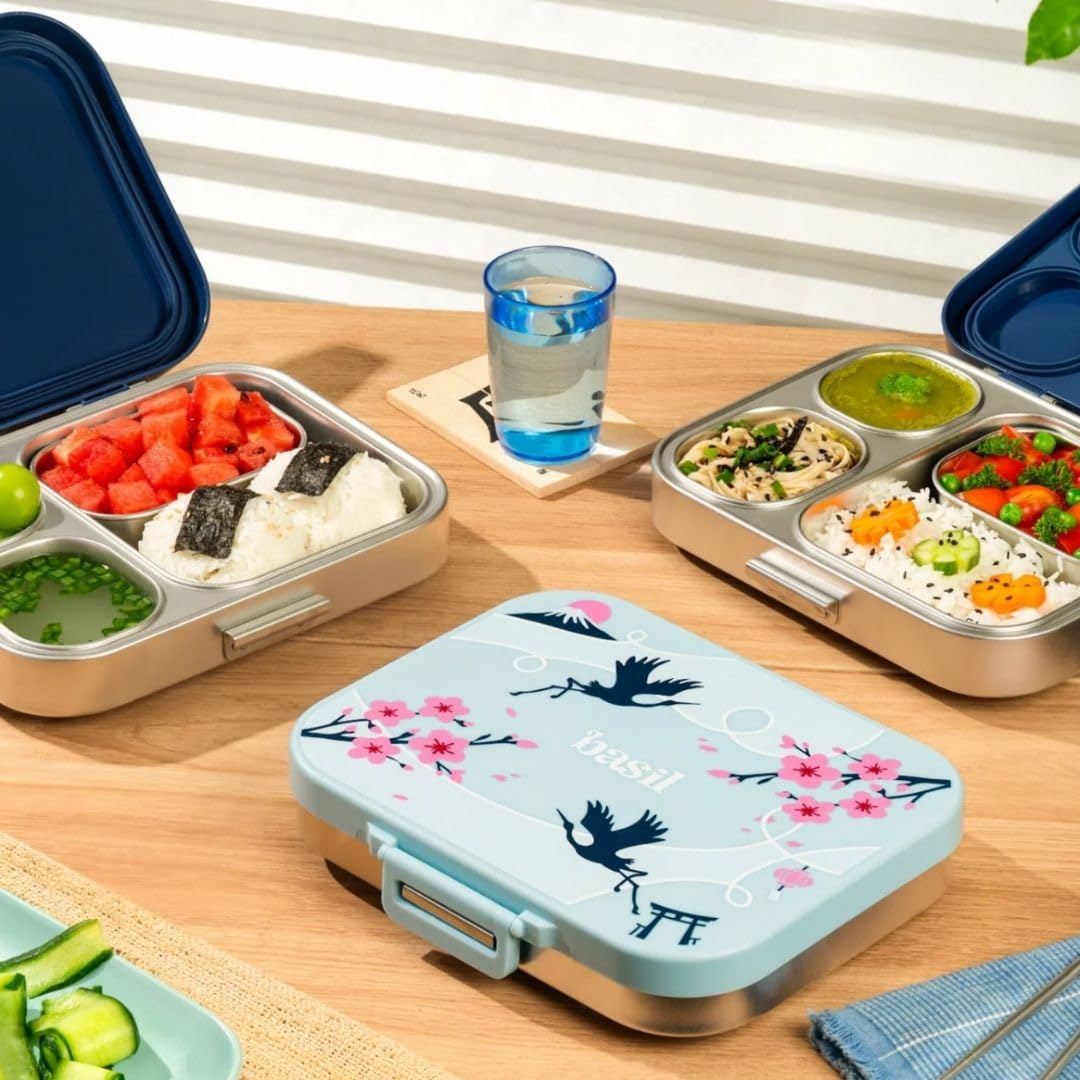 Basil Bento Box Quad Plus – 3+1 Compartment Stainless Steel Lunch Box, 1260 ml | Sakura Bloom