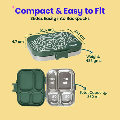 Basil Bento Box Quad – 4 Compartment Stainless Steel Lunch Box, 830 ml | Emerald Moss