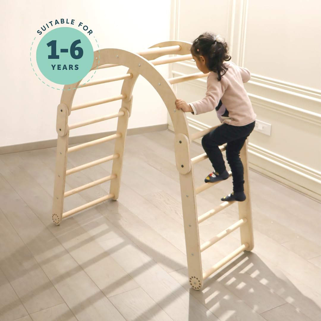 Curious Cub Pikler Triangle Set for Kids (1–6 Years) – Foldable Wooden Climbing Toy with Arch & Slide, Montessori Indoor Jungle Gym for Toddlers