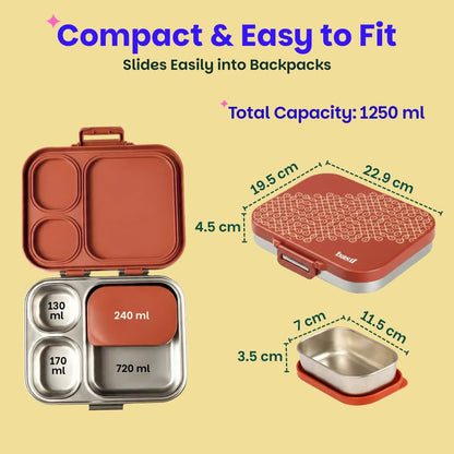 Basil Bento Box Quad Plus 3+1 Compartment Stainless Steel Lunch Box | Tanjore Kolam