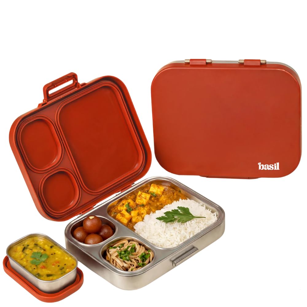 Basil Bento Box Quad Plus 3+1 Compartment Stainless Steel Lunch Box | Desi Mitti