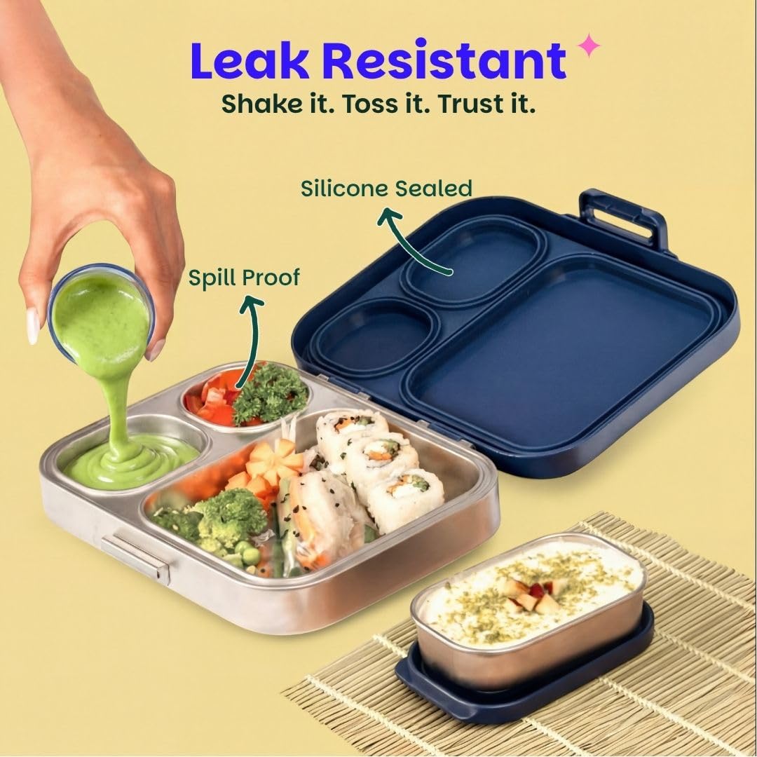 Basil Bento Box Quad Plus – 3+1 Compartment Stainless Steel Lunch Box, 1020 ml | Midnight Sora