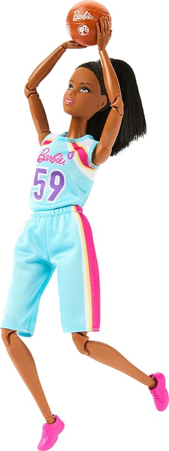 Barbie Made to Move Doll & Accessories, Brunette Basketball Player Wearing Removable Uniform with Ball, 22 Bendable Joints