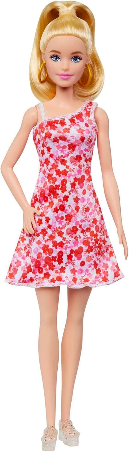 Barbie Fashionistas Doll #205 with Blonde Ponytail Wearing Removable Pink & Red Floral Dress, Platform Sandals & Hoop Earrings