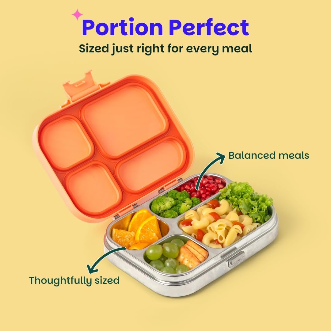 Basil Bento Box Quad – 4 Compartment Stainless Steel Lunch Box, 830 ml | Coral Swirl