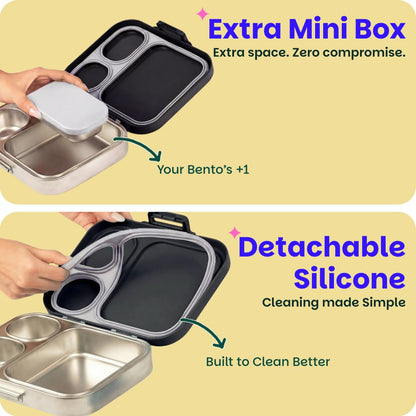 Basil Bento Box Quad Plus – 3+1 Compartment Stainless Steel Lunch Box, 1260 ml | Classic Black