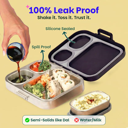 Basil Bento Box Quad Plus – 3+1 Compartment Stainless Steel Lunch Box, 1260 ml | Classic Black