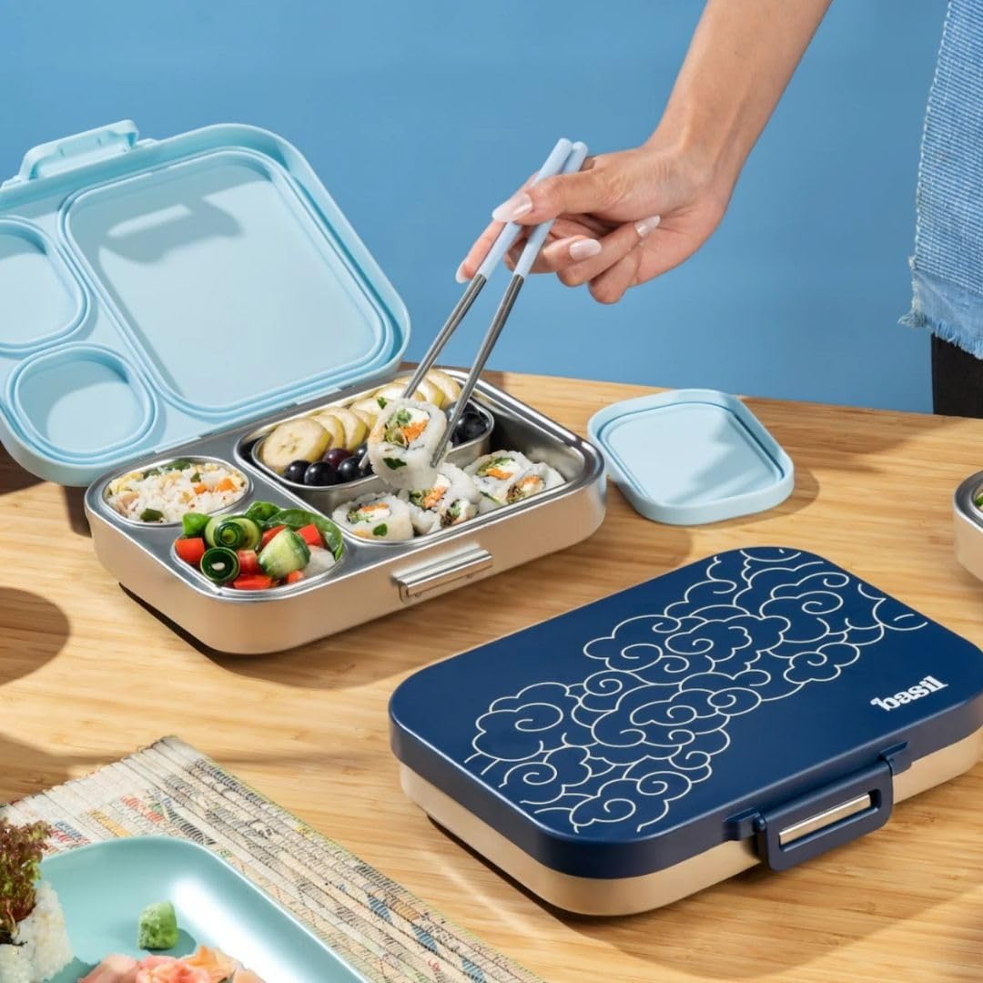 Basil Bento Box Quad Plus – 3+1 Compartment Stainless Steel Lunch Box, 1020 ml | Midnight Sora