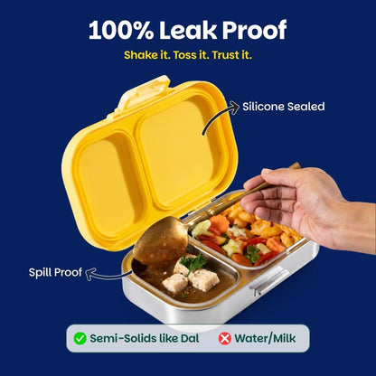 Basil Bento 3-Compartment Stainless Steel Lunch Box – Leakproof Kids & School Tiffin