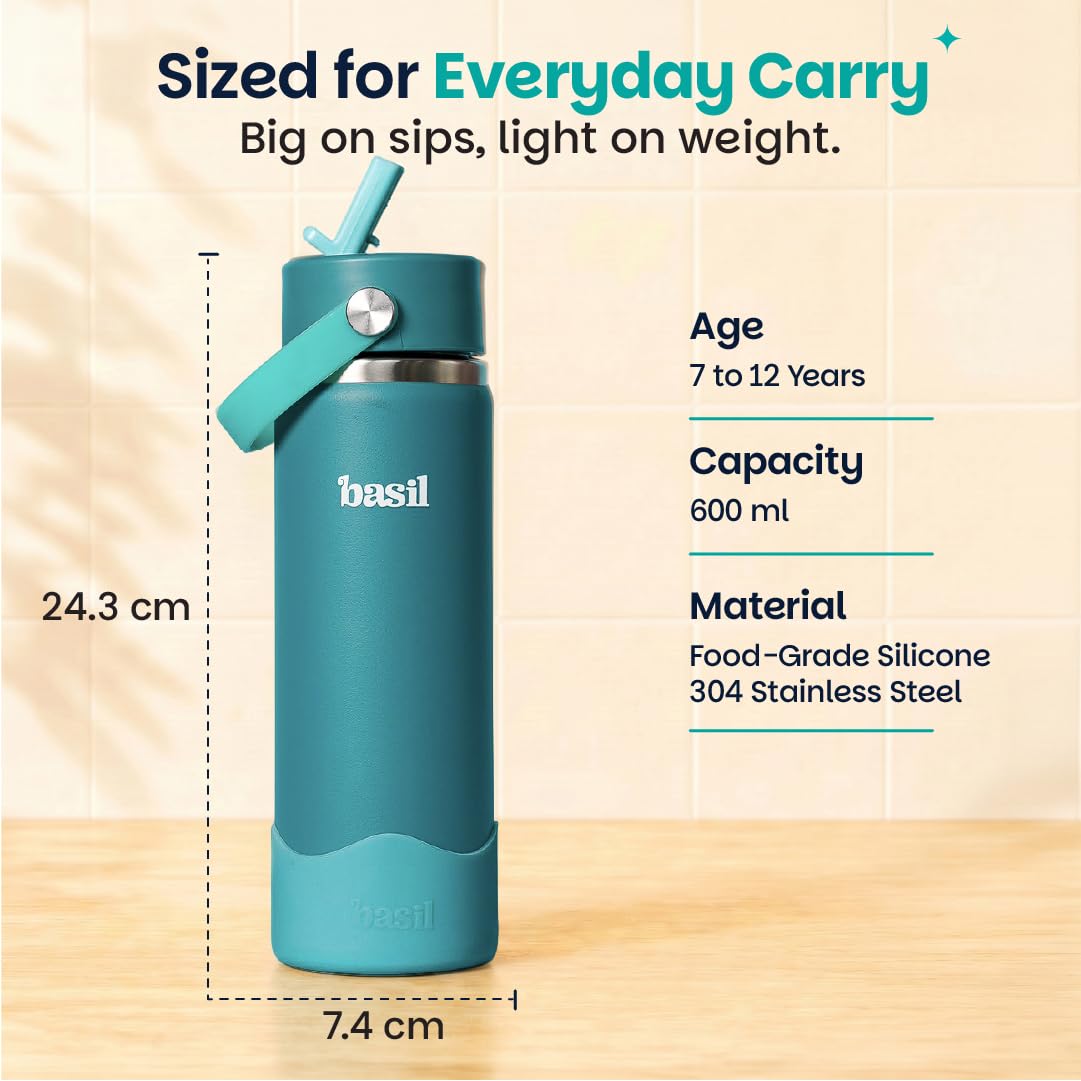 Basil HydraRush 600ml Insulated Stainless Steel Bottle – Kids Wide-Mouth Water Bottle