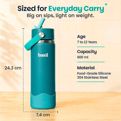 Basil HydraRush 600ml Insulated Stainless Steel Bottle – Kids Wide-Mouth Water Bottle