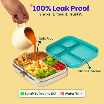 Basil Bento Box Quad – 4 Compartment Stainless Steel Lunch Box, 830 ml | Teal Garden