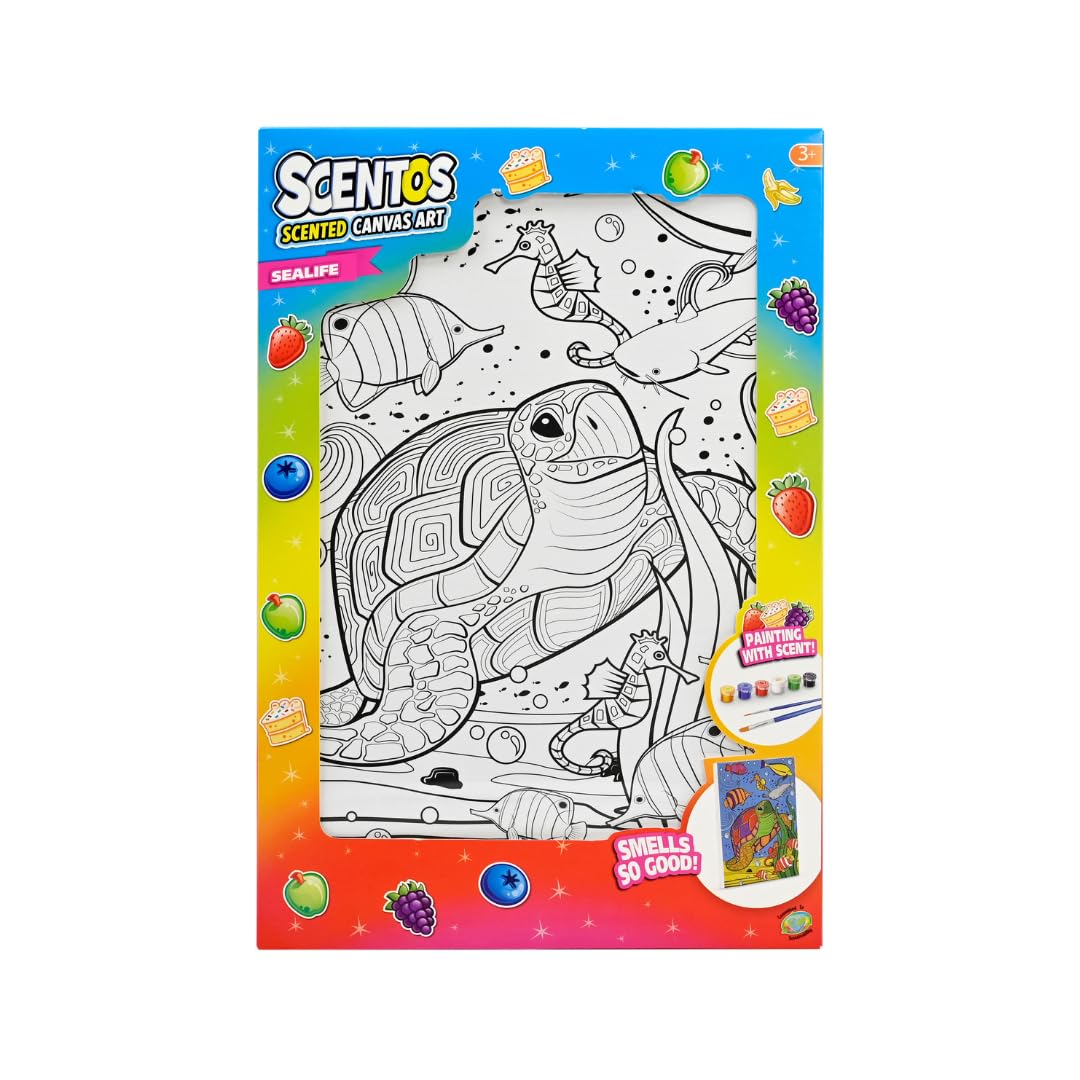 Scentos Canvas Paint Creations Sealife by Fratelli | Pre-Printed Sea Life Theme Canvas Picture, 6 Deliciously Fruity-Scented Paint pots and 2 Brushes(PACK OF 12)