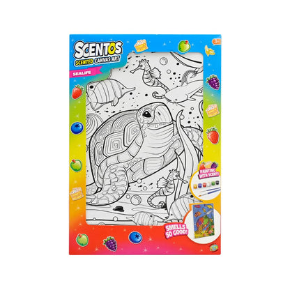 Scentos Canvas Paint Creations Sealife by Fratelli | Pre-Printed Sea Life Theme Canvas Picture, 6 Deliciously Fruity-Scented Paint pots and 2 Brushes(PACK OF 12)