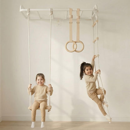 Curious Cub All-in-One Monkey Bars for Kids Indoor Wall Mounted | Kids Pull Up Bar for Home Gym with Swing, Gymnastic Rings & Climbing Ladder | Indoor Jungle Gym Equipment (4+ Years)