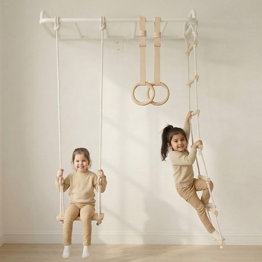 Curious Cub All-in-One Monkey Bars for Kids Indoor Wall Mounted | Kids Pull Up Bar for Home Gym with Swing, Gymnastic Rings & Climbing Ladder | Indoor Jungle Gym Equipment (4+ Years)