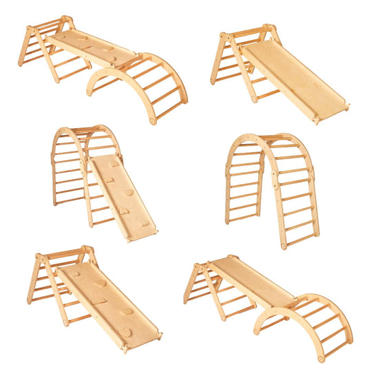 Curious Cub Pikler Triangle Set for Kids (1–6 Years) – Foldable Wooden Climbing Toy with Arch & Slide, Montessori Indoor Jungle Gym for Toddlers