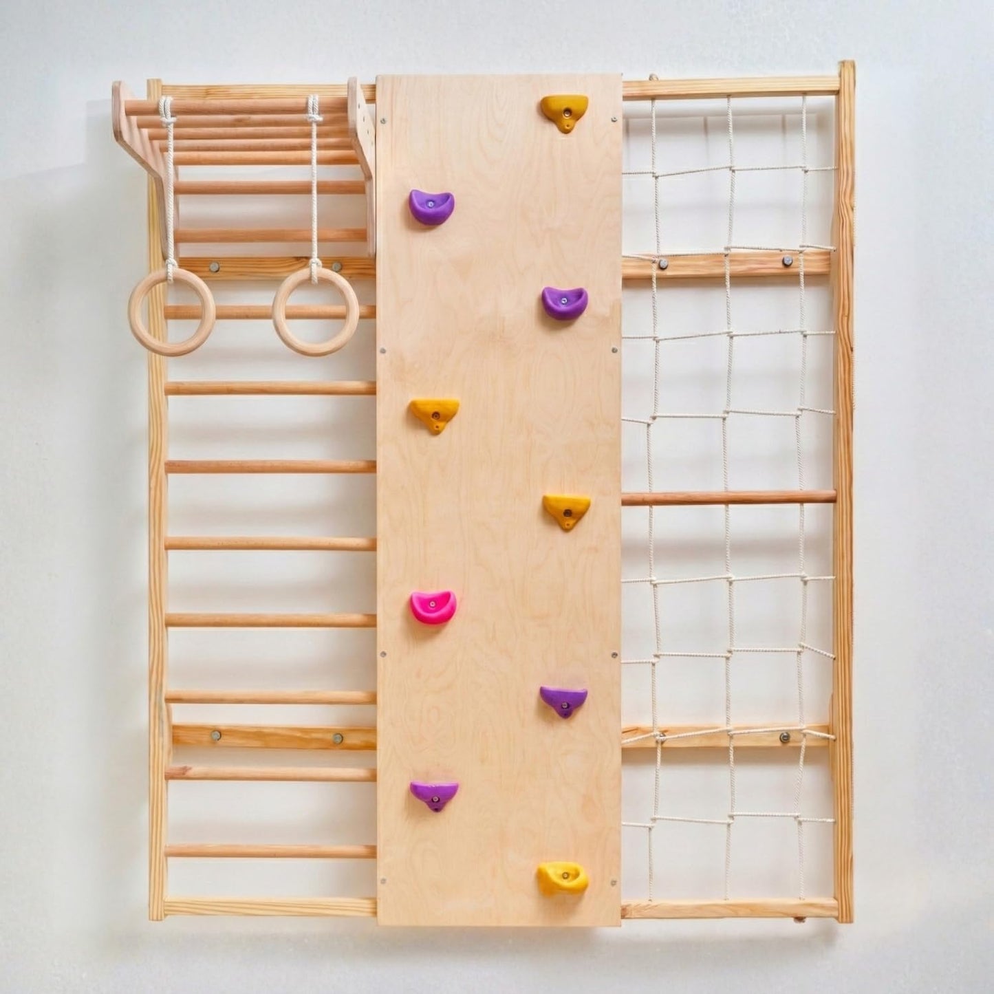 Curious Cub Wall Mounted Jungle Gym Set for Kids | Indoor Climbing Toy for Toddlers with Net Climbing, Ladder, Rock Climbing Wall, Monkey Bar & Gymnastic Rings | Exciting Gym Playset for Kids 2-9 yrs