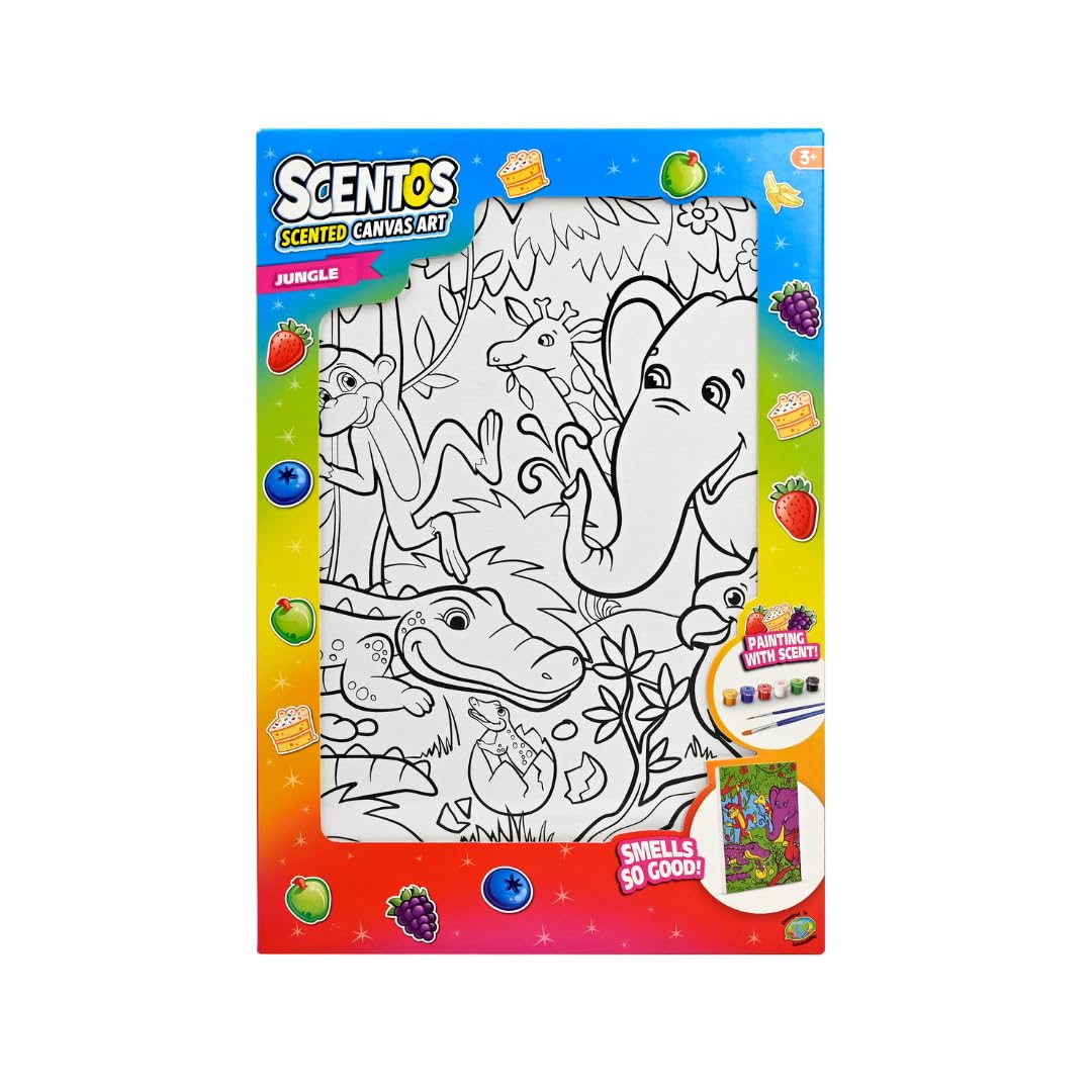 Scentos Canvas Paint Creations Jungle by Fratelli | Pre-Printed Sea Life Theme Canvas Picture, 6 Deliciously Fruity-Scented Paint pots and 2 Brushes(PACK OF 12)