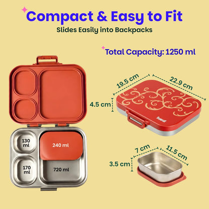 Basil Bento Box Quad Plus 3+1 Compartment Stainless Steel Lunch Box | Jaipuri Jaali