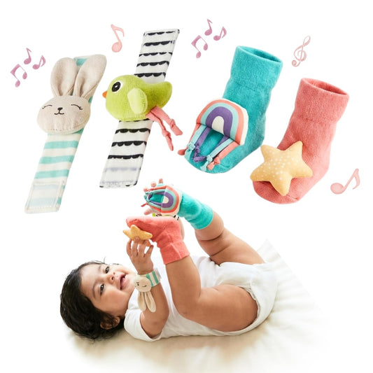 Curious Cub Rattle Set Toy for 0+ Months Babies, New Born Baby Essentials Wrist Rattle & Foot Finder Socks, Made from Baby safe Colors-Soft material, Promotes Tummy time, Ideal New Born baby gift