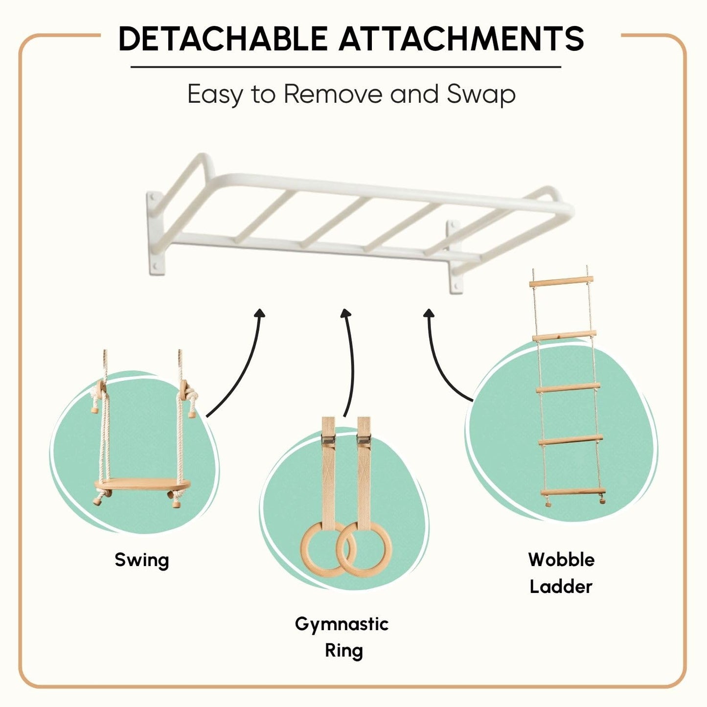 Curious Cub All-in-One Monkey Bars for Kids Indoor Wall Mounted | Kids Pull Up Bar for Home Gym with Swing, Gymnastic Rings & Climbing Ladder | Indoor Jungle Gym Equipment (4+ Years)