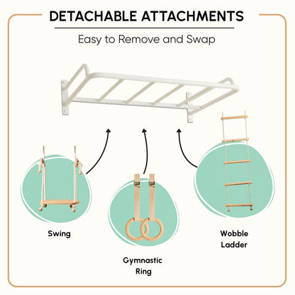 Curious Cub All-in-One Monkey Bars for Kids Indoor Wall Mounted | Kids Pull Up Bar for Home Gym with Swing, Gymnastic Rings & Climbing Ladder | Indoor Jungle Gym Equipment (4+ Years)