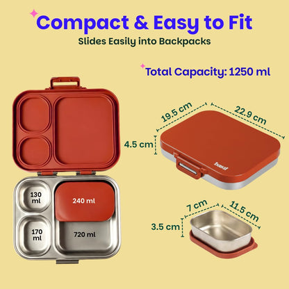Basil Bento Box Quad Plus 3+1 Compartment Stainless Steel Lunch Box | Desi Mitti