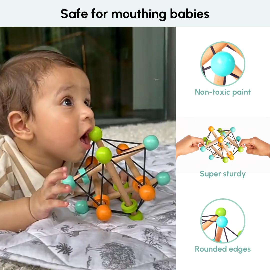 Curious Cub Montessori Geometric Rattle Ball Toy for Babies | Baby Hand Toy | Wooden Rattle for 6+ Month Baby | Promotes Motor Skills, Hand-Eye Coordination & Brain Development