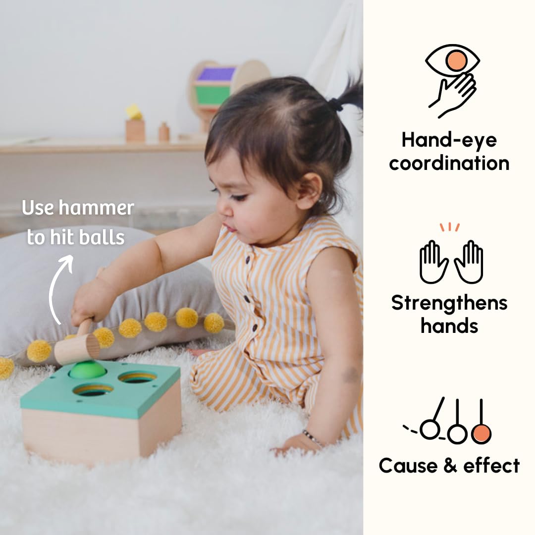 Curious Cub Wooden Hammer Ball Knock Toy, Montessori Learning Game with 3 Colorful Balls and Wooden Hammer for 2-5 Years