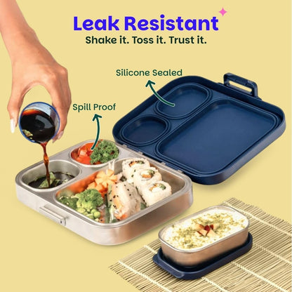 Basil Bento Box Quad Plus – 3+1 Compartment Stainless Steel Lunch Box, 1260 ml | Indigo Zen