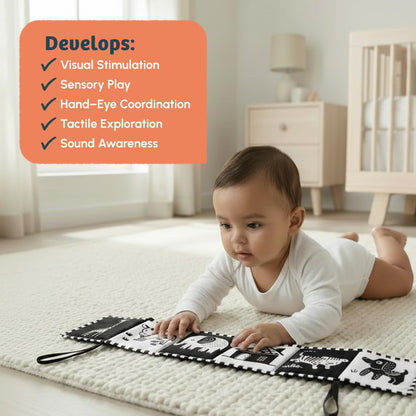 Curious Cub High Contrast Cloth Book for Babies, Tummy Time 0-6 Months Black & white sensory book, newborn visual stimulation, boy girl baby gift