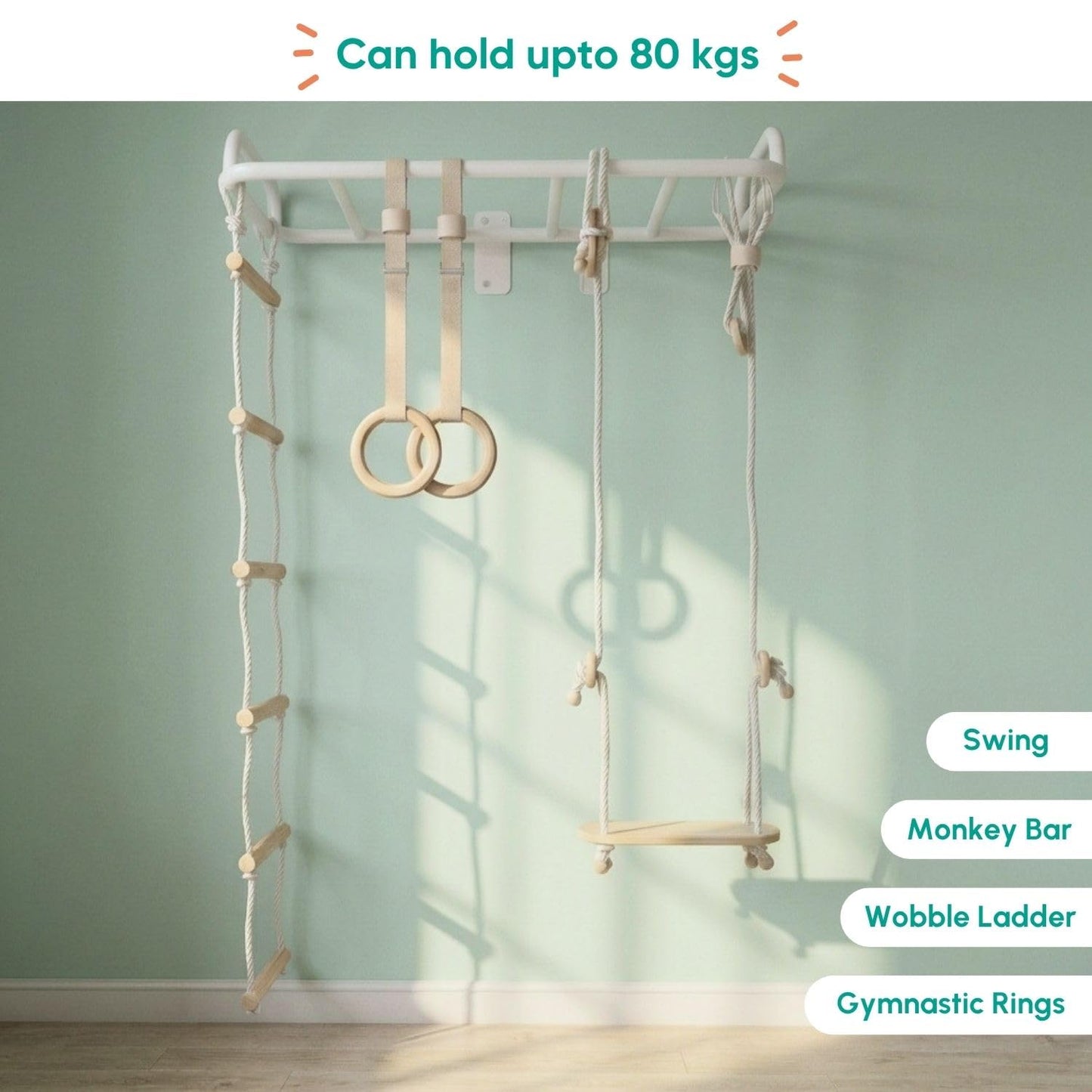Curious Cub All-in-One Monkey Bars for Kids Indoor Wall Mounted | Kids Pull Up Bar for Home Gym with Swing, Gymnastic Rings & Climbing Ladder | Indoor Jungle Gym Equipment (4+ Years)