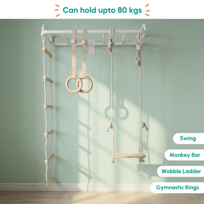 Curious Cub All-in-One Monkey Bars for Kids Indoor Wall Mounted | Kids Pull Up Bar for Home Gym with Swing, Gymnastic Rings & Climbing Ladder | Indoor Jungle Gym Equipment (4+ Years)