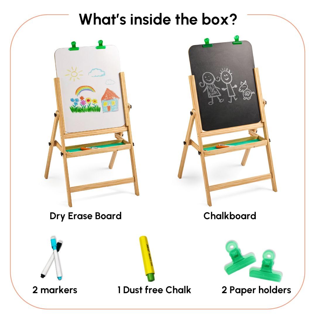 Curious Cub Wooden Easel Board for Kids 3-in-1 Whiteboard, Blackboard & Drawing Board for Kids | Easel for Painting with Paper Holders, Tray, Chalk & Marker | for 3+ Year