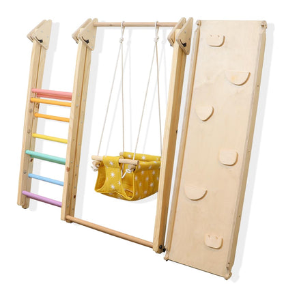 Curious Cub Foldable 4 in 1 Jungle Gym Set for Kids - Durable Climbing Triangle for Toddlers, Colorful Climbing Toys Indoor with Swing, Climb, Ramp & Slide