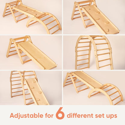 Curious Cub Pikler Triangle Set for Kids (1–6 Years) – Foldable Wooden Climbing Toy with Arch & Slide, Montessori Indoor Jungle Gym for Toddlers