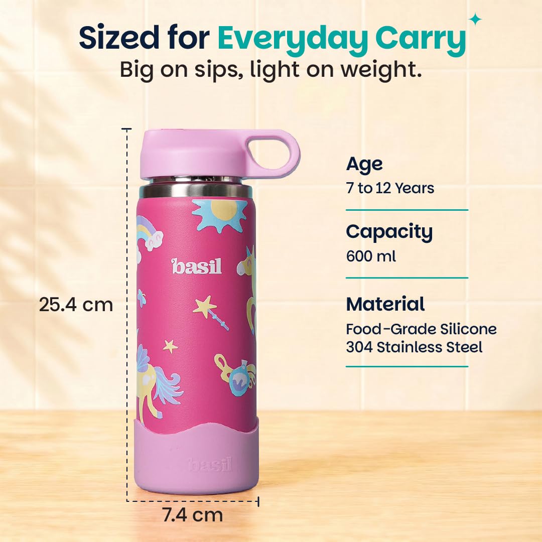 Basil HydraRush 600ml Insulated Stainless Steel Bottle – Kids School Water Bottle