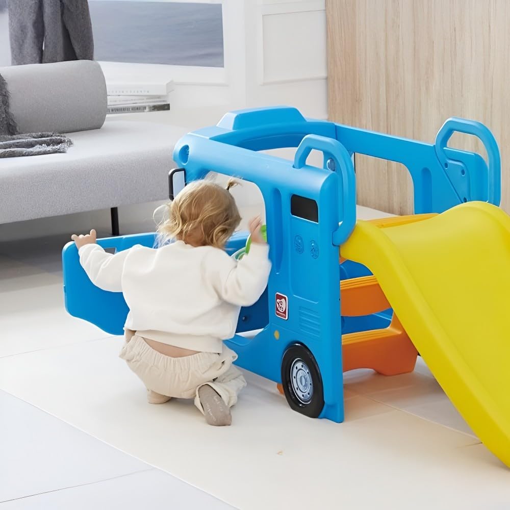Yaya Blue Compact Bus Slide, Indoor Play Set with Musical Steering Wheel, HDPE Material, Safety Handle, Non-Slip Stairs, KC Certified for Children