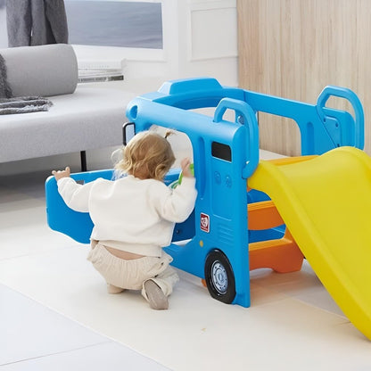 Yaya Blue Compact Bus Slide, Indoor Play Set with Musical Steering Wheel, HDPE Material, Safety Handle, Non-Slip Stairs, KC Certified for Children