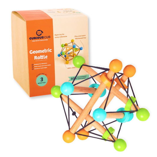 Curious Cub Montessori Geometric Rattle Ball Toy for Babies | Baby Hand Toy | Wooden Rattle for 6+ Month Baby | Promotes Motor Skills, Hand-Eye Coordination & Brain Development