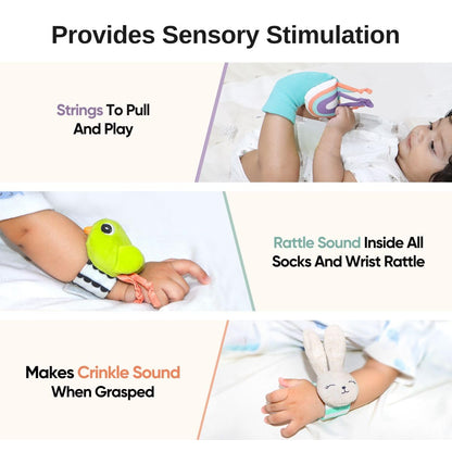 Curious Cub Rattle Set Toy for 0+ Months Babies, New Born Baby Essentials Wrist Rattle & Foot Finder Socks, Made from Baby safe Colors-Soft material, Promotes Tummy time, Ideal New Born baby gift