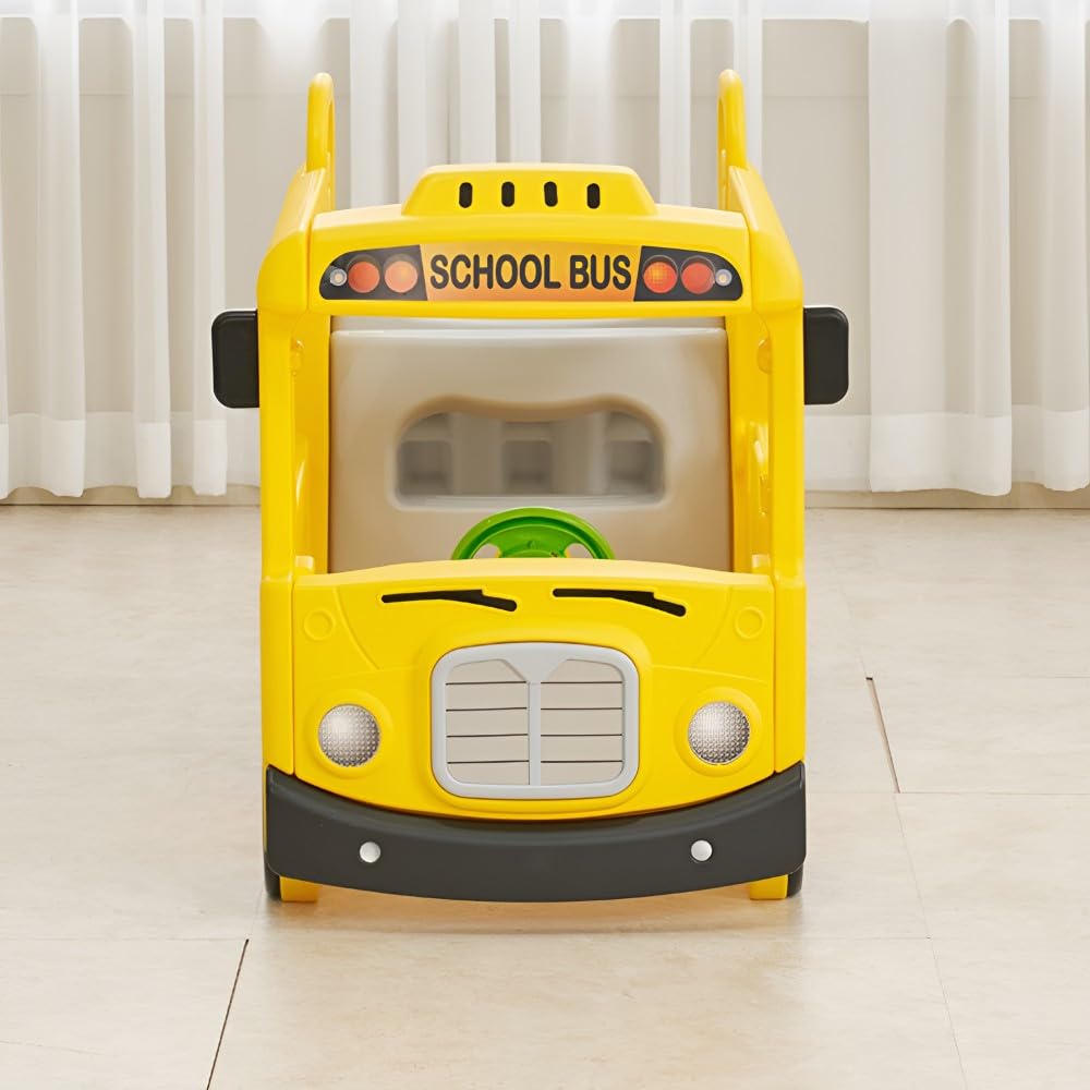 Playwell Yaya School Compact Bus Slide, Indoor Play Set with Musical Steering Wheel, HDPE Material, Safety Handle, Non-Slip Stairs, KC Certified for Children