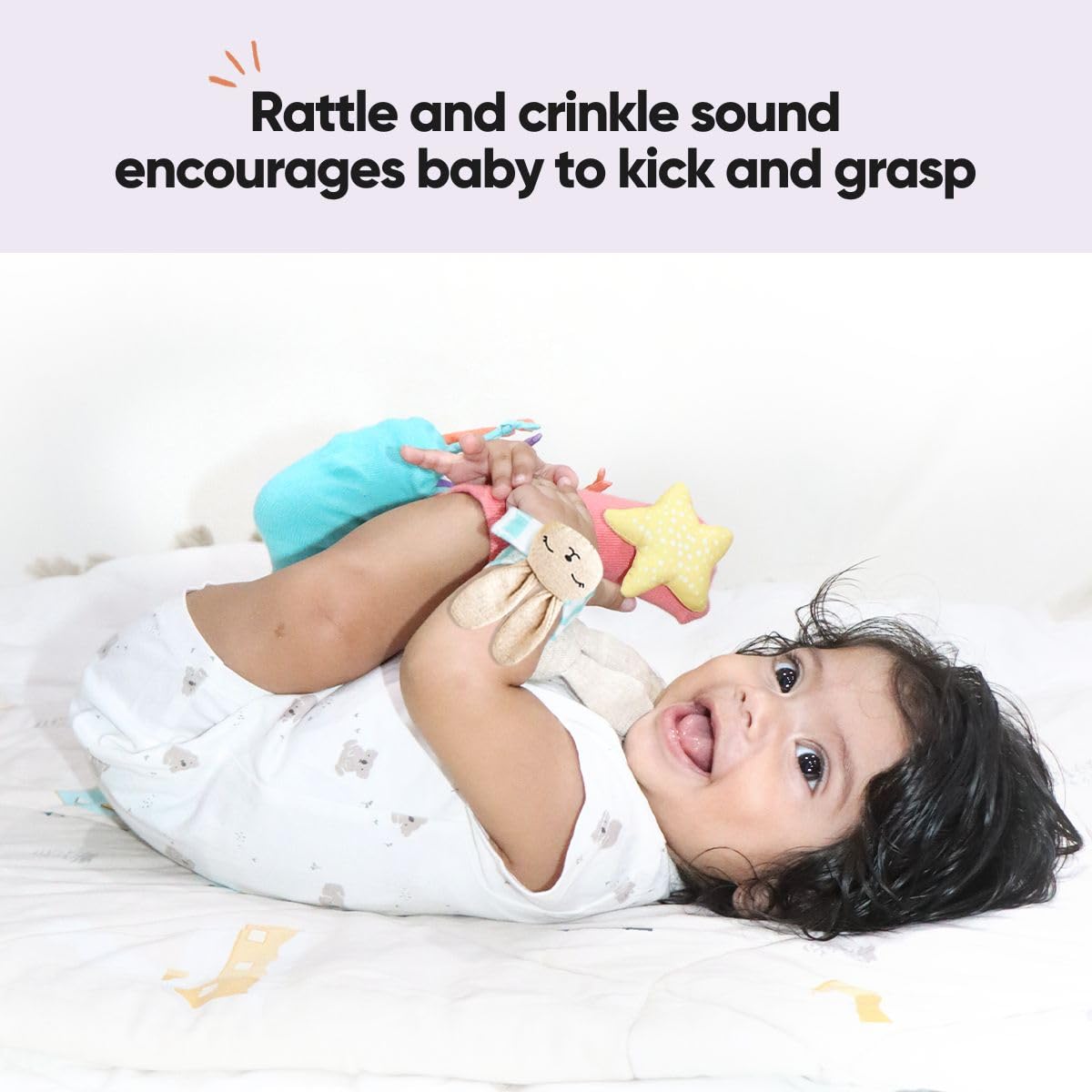 Curious Cub Rattle Set Toy for 0+ Months Babies, New Born Baby Essentials Wrist Rattle & Foot Finder Socks, Made from Baby safe Colors-Soft material, Promotes Tummy time, Ideal New Born baby gift