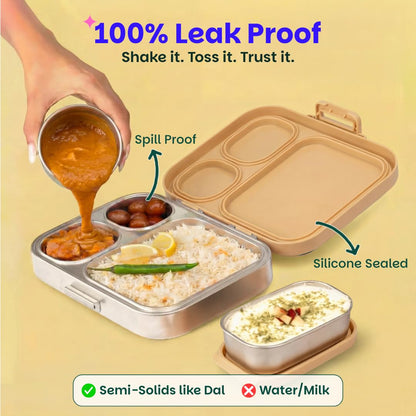 Basil Bento Box Quad Plus 3+1 Compartment Stainless Steel Lunch Box | Himachali Guldaan
