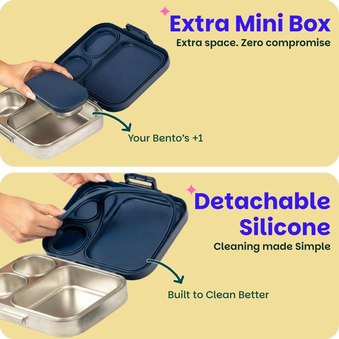 Basil Bento Box Quad Plus – 3+1 Compartment Stainless Steel Lunch Box, 1260 ml | Indigo Zen