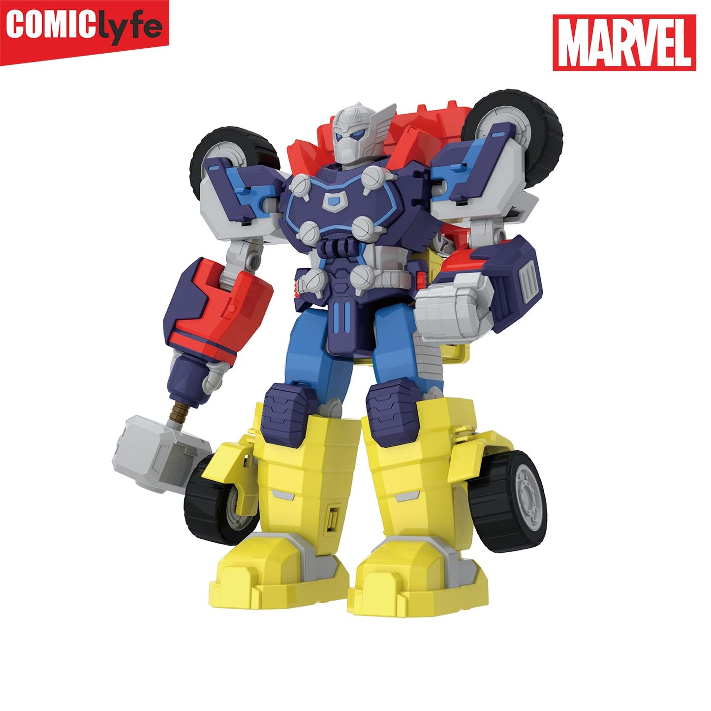 Marvel Thor Transforming Mech Suit Construction Truck | Avengers Superhero Action Figure Toy by Comiclyfe | Fully Articulated ABS + PV Collectible | Super Heroes Robot Toy for Kids (Multicolor)