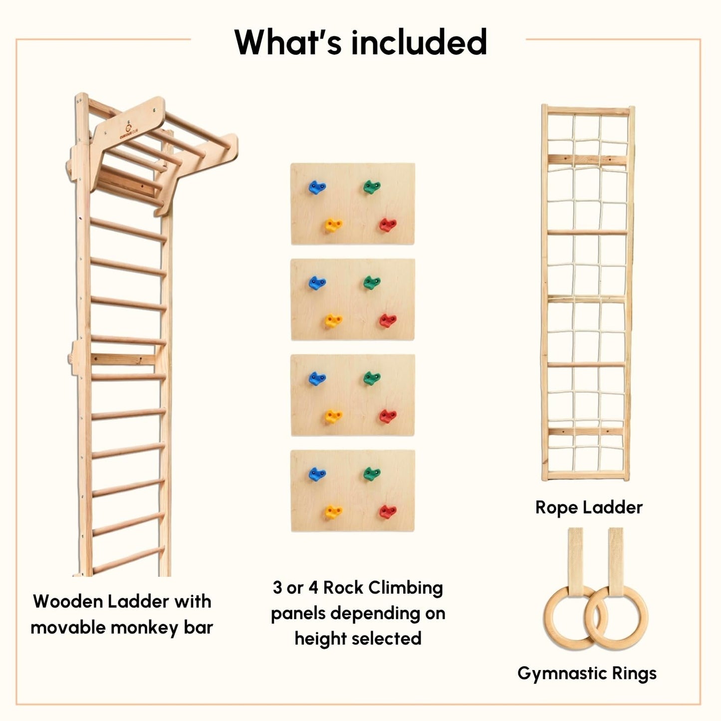 Curious Cub Jungle Gym for Kids Indoor | Wall Climbing for Kids | Contains Rock Climbing, Monkey Bar, Gymnastics Rings for Kids | Rope Ladder for Kids to Play Indoor Fun Activity for Ages 4+(8 FEET)